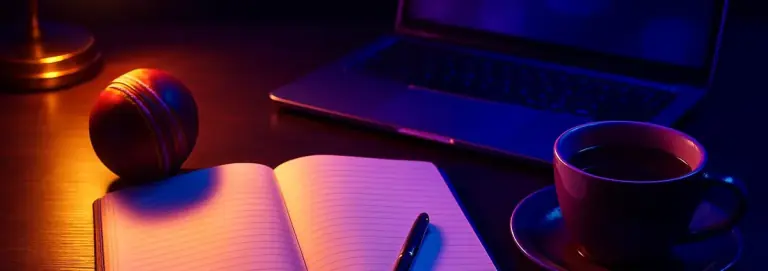 About the C880 guide: a desk with a notebook, pen, cricket ball and laptop