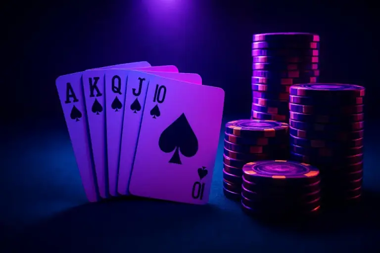 Playing cards and casino chips on a dark felt table, card games at C880