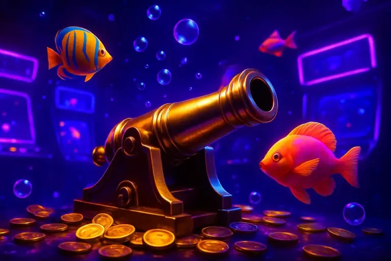 Underwater fishing arcade game with a golden cannon and tropical fish, C880